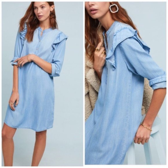 Anthropologie Dresses & Skirts - Anthro Cloth & Stone Dress Ruffle Shoulder Chambray Shirt Dress S